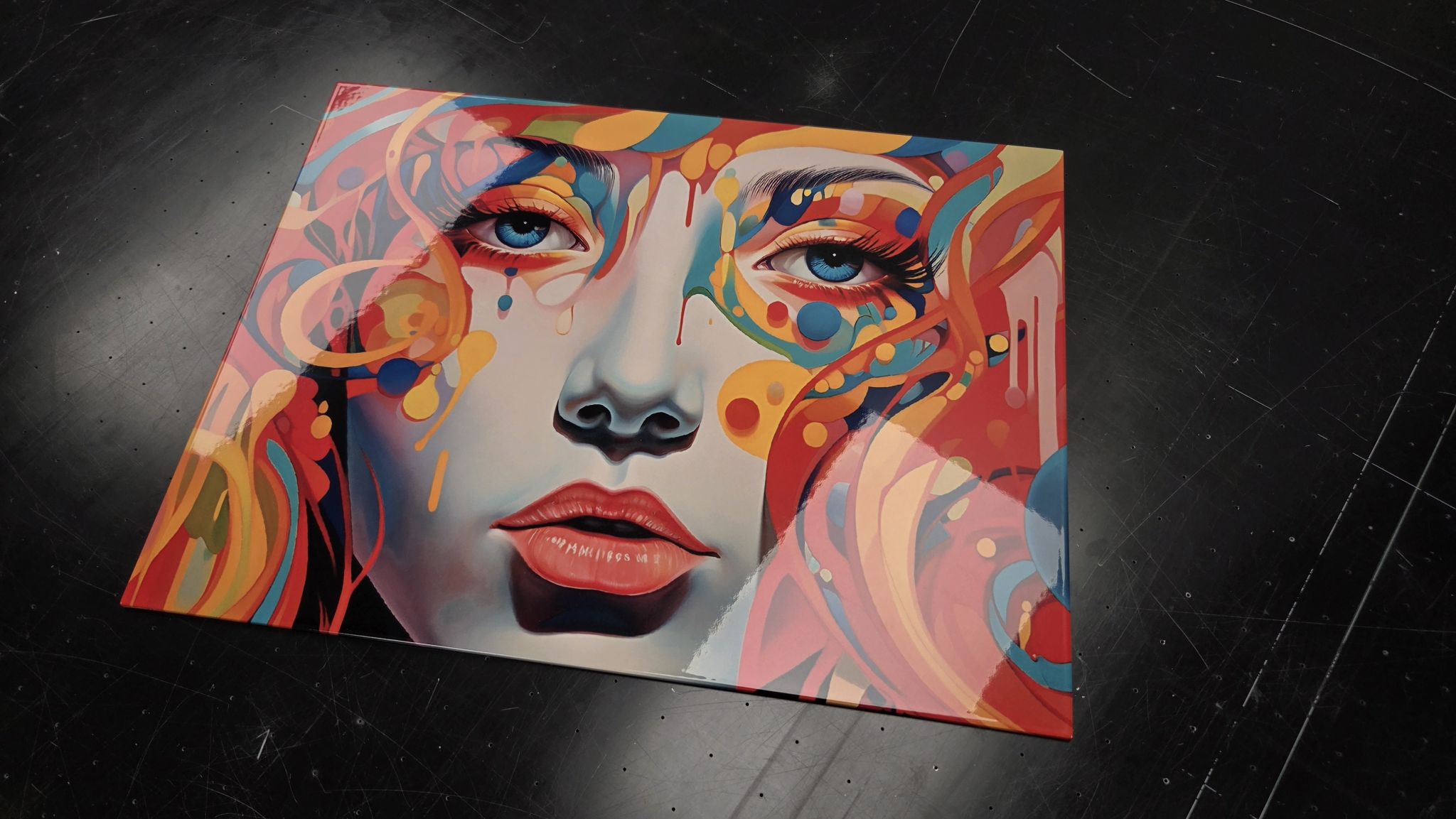 Finished Titan Forge metal panel of a color portrait, photographed on the workshop bench
