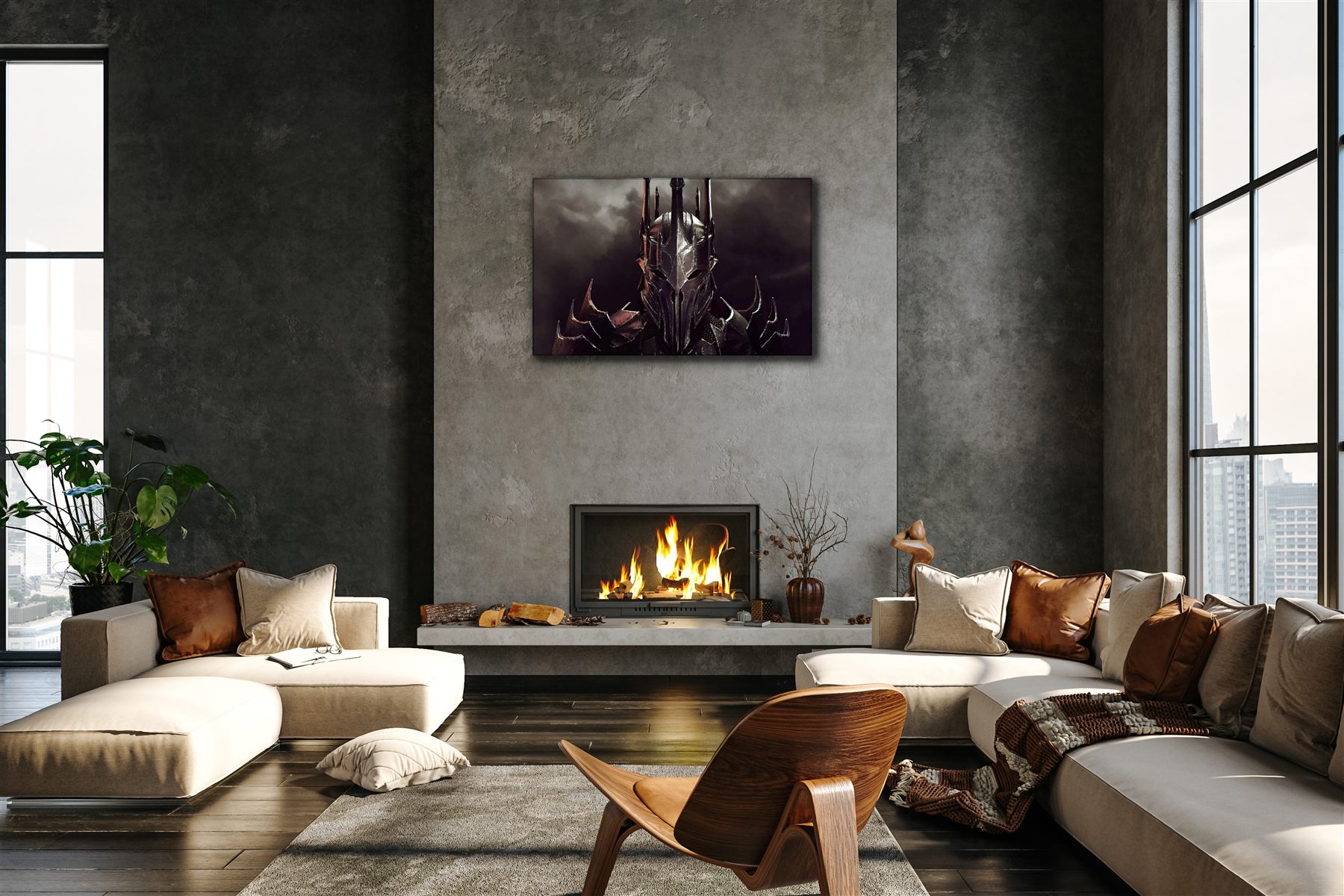 Titan Forge metal panel displayed above a fireplace in a living room